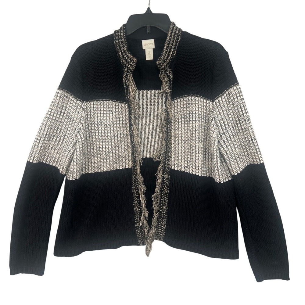 Chico's Boho Coastal Fringe Cardigan Size 2 Black Cream Textured Knit Colorblock